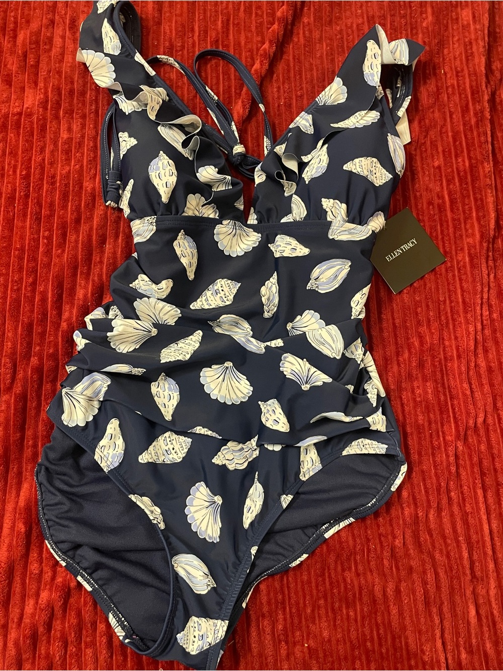 Ellen Tracy Navy & White Shell-Print One-Piece Swimsuit